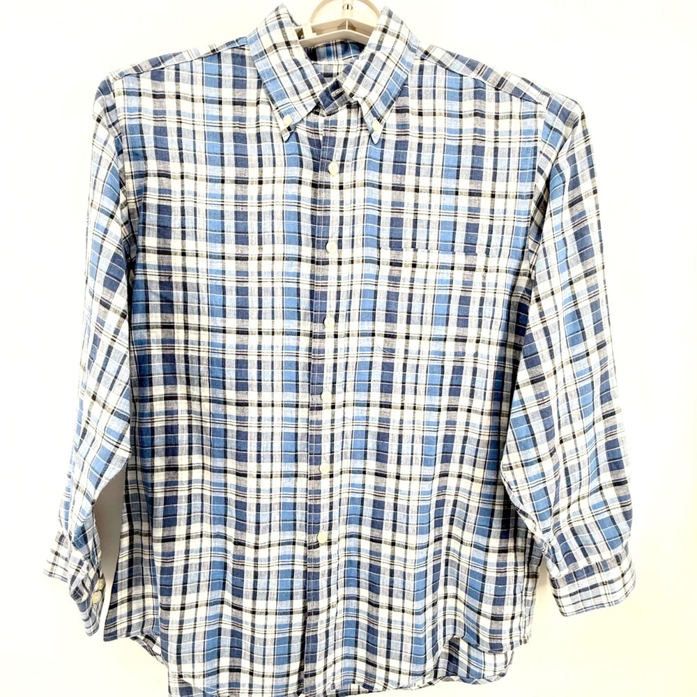 Brooks Brothers Plaid Shirt Mens Medium Blue Linen Blend Button Down Preppy - Picture 2 of 6